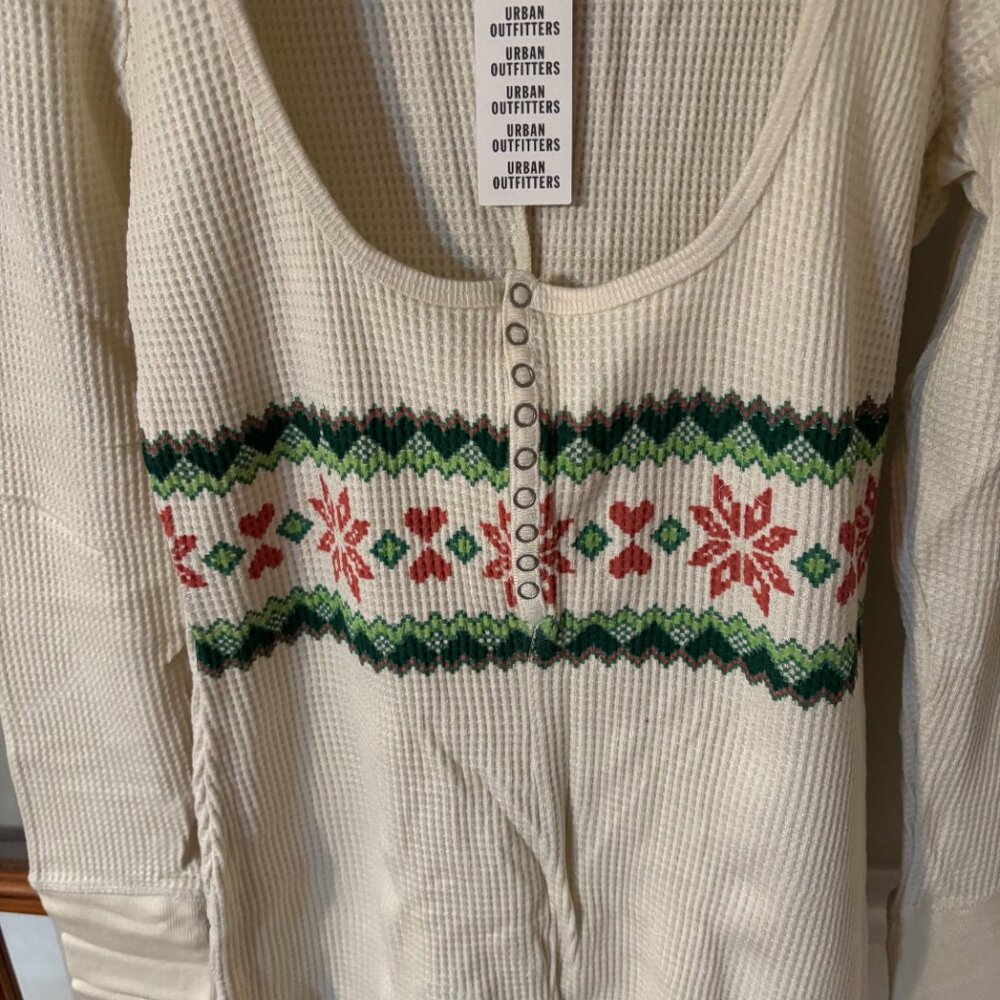 Urban Outfitters: Lounge Around Waffle Knit Fairisle Romper -XL - Cream - Picture 3 of 13